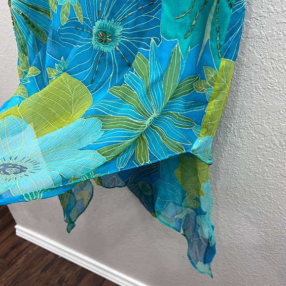 VINTAGE MAGGY LONDON TEAL BLUE FLORAL SLEEVELESS ASYMMETRICAL LAYERED DRESS 12 - Picture 4 of 10